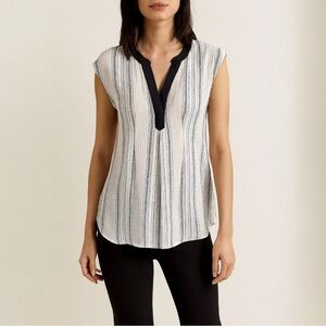 Anthropologie Postmark Cream Black Office Egress Split Neck Tunic Top - XS